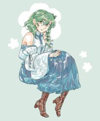 Rule 34 | blue skirt, boots, brown footwear, cross-laced footwear, detached sleeves, frog hair ornament, green eyes, green hair, hair ornament, high heel boots, high heels, kochiya sanae, kyuubiness, lace-up boots, nontraditional miko, skirt, smile, snake, solo, touhou