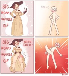Rule 34 | 1boy, 1futa, 4koma, alcina dimitrescu, artist request, barefoot, blush, bottomless, breasts, brown hair, bulge, cleavage, clothes lift, comic, dress, dress lift, emphasis lines, erection, erection under clothes, fang, futanari, gloves, gradient background, hat, heart, highres, lifted by self, lip biting, newhalf, penis, red7cat, red background, resident evil, resident evil village, self exposure, short hair, testicles, uncensored, yellow background, yellow eyes