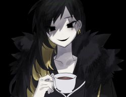 Rule 34 | 1girl, binah (project moon), black background, black eyes, black hair, blonde hair, cup, ear piercing, fur trim, holding, holding cup, korean commentary, lobotomy corporation, long hair, looking at viewer, maratang, mole, mole under eye, multicolored hair, pale skin, parted lips, piercing, project moon, solo, upper body