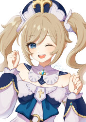 Rule 34 | 1girl, barbara (genshin impact), bare shoulders, blonde hair, blue eyes, blush, breasts, cleavage, cross, detached collar, detached sleeves, dress, genshin impact, hat, highres, latin cross, light blush, looking at viewer, medium breasts, one eye closed, open mouth, smile, solo, twintails, white dress, white sleeves, wonder (natade nico2525)