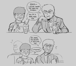 Rule 34 | 2boys, buttoned cuffs, buttons, comic, commentary, cup, english commentary, english text, food, food on face, formal, gatoiberico, grey background, greyscale, head rest, highres, holding, holding spoon, kageyama shigeo, looking at another, male focus, mob psycho 100, monochrome, multiple boys, necktie, open mouth, parfait, reigen arataka, shirt, short hair, simple background, smile, speech bubble, spoon, suit, upper body