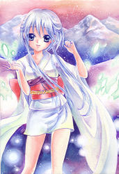 Rule 34 | 1990s (style), 1girl, blue eyes, blue hair, japanese clothes, jigoku sensei nube, kimono, long hair, matching hair/eyes, short kimono, solo, totsuki, yukime (jigoku sensei nube)