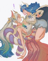 Rule 34 | !, 2girls, ass, bare arms, bare shoulders, blue hair, breasts, cape, curled horns, dinosaur girl, dress, earrings, from side, gradient hair, green hair, groin, hair ornament, hakama skirt, highres, horns, japanese clothes, jewelry, long hair, multicolored hair, multiple girls, one piece, oni horns, pemu op, pink eyes, red eyes, red horns, sideboob, sleeveless, ulti (one piece), white hair, yamato (one piece)