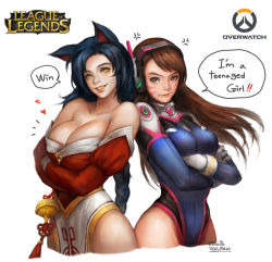 Rule 34 | 10s, 2016, 2girls, ^^^, adapted costume, ahri (league of legends), anger vein, animal ears, animal print, back-to-back, bare shoulders, black hair, blue leotard, bodysuit, braid, breast envy, breasts, brown eyes, brown hair, character age, cleavage, collarbone, copyright name, cowboy shot, cropped legs, crossed arms, crossover, d.va (overwatch), dated, detached sleeves, emblem, english text, facepaint, facial mark, fang, fox ears, from side, gloves, grin, headphones, heart, highres, kim eul bong, korean clothes, large breasts, league of legends, leaning on person, leotard, lips, logo, long hair, looking at viewer, multiple girls, no tail, nose, orange eyes, overwatch, overwatch 1, pelvic curtain, pilot suit, rabbit print, ribbed bodysuit, ribbed leotard, shoulder pads, signature, simple background, single braid, slit pupils, small breasts, smile, speech bubble, standing, swept bangs, tassel, turtleneck, very long hair, whisker markings, white background, white gloves, yellow eyes