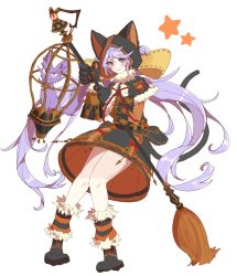 Rule 34 | 1girl, animal ear headwear, animal hands, black dress, blush, broom, cage, capelet, cat, cat tail, closed mouth, cosplay, dress, fake animal ears, full body, gloves, granblue fantasy, highres, holding, holding broom, hood, hood up, hymt (hymt000), long hair, long sleeves, looking at viewer, nekomancer (granblue fantasy), nekomancer (granblue fantasy) (cosplay), paw gloves, paw shoes, purple eyes, purple hair, satyr (granblue fantasy), simple background, smile, solo, standing, star (symbol), tail, twintails, very long hair, white background