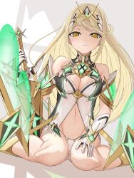 Rule 34 | 1girl, alternate costume, blonde hair, breasts, chest jewel, cleavage, cleavage cutout, clothing cutout, highres, large breasts, long hair, mythra (xenoblade), navel, prototype design, stomach, stomach cutout, swept bangs, very long hair, white-paka, xenoblade chronicles (series), xenoblade chronicles 2, yellow eyes