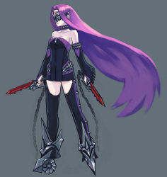 Rule 34 | 1girl, alternate costume, bare shoulders, chain, choker, dagger, dress, dual wielding, fate/stay night, fate (series), highres, holding, knife, long hair, mask, medusa (fate), medusa (rider) (fate), purple hair, solo, strapless, strapless dress, thighhighs, utu (ldnsft), very long hair, weapon