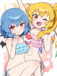 Rule 34 | 2girls, :q, ;d, \||/, absurdres, alternate costume, bare arms, bare shoulders, bat wings, bikini, blonde hair, blue hair, blush, commentary request, crystal, cup, drinking glass, fangs, feet out of frame, flandre scarlet, flat chest, flower, frills, hair between eyes, hand up, hibiscus, highres, holding, holding cup, knees together feet apart, looking at viewer, mini wings, miz (mizillustration), multiple girls, nail polish, no headwear, one eye closed, one side up, open mouth, petite, pink background, red flower, red nails, remilia scarlet, siblings, simple background, sisters, sitting, smile, star (symbol), starry background, swimsuit, teeth, tongue, tongue out, touhou, upper teeth only, wine glass, wings