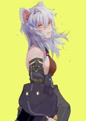 Rule 34 | 1girl, absurdres, animal ear fluff, animal ears, arknights, bare shoulders, black jacket, black sleeves, breasts, brown shirt, from side, highres, jacket, long hair, medium breasts, mouse ears, off shoulder, purple hair, scavenger (arknights), shirt, sideboob, simple background, solo, upper body, yellow background, yellow eyes, yumingtongxue