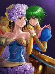 Rule 34 | 2girls, absurdres, asellus (saga frontier), bare shoulders, black hair, blush, breasts, cleavage, closed mouth, collarbone, couple, curly hair, dress, elbow gloves, eye contact, eyes visible through hair, female focus, flower, frilled sleeves, frills, gloves, green eyes, green hair, hair between eyes, hair flower, hair ornament, headdress, highres, holding hands, lavender flower, lavender rose, lips, lipstick, long hair, long sleeves, looking at another, looking back, makeup, medium breasts, multiple girls, neck, off-shoulder dress, off shoulder, parted lips, pink lips, princess white rose, puffy long sleeves, puffy sleeves, purple background, purple eyes, rose, saga, saga frontier, short hair, standing, yellow gloves, yuri