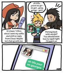 Rule 34 | 1girl, 2boys, 3koma, armor, azezazel, black hair, blonde hair, blush, brown headwear, brown vest, cellphone, cloud strife, comic, cowboy hat, crisis core final fantasy vii, cross scar, english text, facial scar, final fantasy, final fantasy vii, green scarf, hair slicked back, hat, heart, highres, holding, holding phone, long hair, multiple boys, one eye closed, parted lips, phone, scar, scar on cheek, scar on face, scarf, shinra infantry uniform, short hair, shoulder armor, single tear, speech bubble, spiked hair, square enix, sweater, text messaging, tifa lockhart, turtleneck, turtleneck sweater, v, vest, zack fair