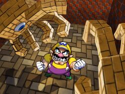 Rule 34 | 1boy, clenched hands, clenched teeth, eyeball, eyerok, facial hair, from above, gloves, green footwear, highres, looking up, mario (series), mustache, nintendo, overalls, pointy ears, purple overalls, shirt, super mario 64 ds, teeth, thick eyebrows, wario, white gloves, ya mari 6363, yellow headwear, yellow shirt