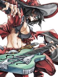 1girl arc_system_works black_hair blunt_bangs boots breasts choker cleavage commentary cropped_jacket dong_hole electric_guitar fingerless_gloves from_below gloves green-tinted_eyewear grin guilty_gear guilty_gear_strive guitar hat highres i-no instrument jacket large_breasts midriff navel pants red_boots red_hat red_jacket red_leather red_lips red_pants short_hair smile solo stomach sunglasses thigh_boots tinted_eyewear white_background witch_hat