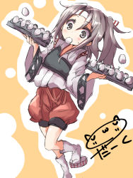Rule 34 | 10s, 1girl, brown hair, darkside, egg, food in mouth, grey eyes, hachimaki, headband, kantai collection, mouth hold, muneate, polka dot, polka dot background, ponytail, sandals, shorts, simple background, solo, wide sleeves, zuihou (kancolle)