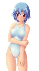Rule 34 | 1girl, ayanami rei, bare shoulders, blue hair, blush, breasts, collarbone, competition swimsuit, female focus, fingernails, gluteal fold, groin, ishii akira, looking at viewer, medium breasts, neon genesis evangelion, one-piece swimsuit, parted lips, red eyes, shiny skin, short hair, simple background, solo, standing, swimsuit, upper body, white background, white one-piece swimsuit