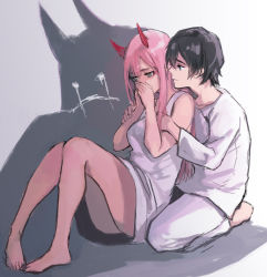 Rule 34 | 10s, 1boy, 1girl, aqua eyes, arm grab, black hair, blue eyes, comforting, covering own mouth, crying, darling in the franxx, different shadow, dress, eyeshadow, from behind, gown, hand to own mouth, highres, hiro (darling in the franxx), holding, horns, hospital gown, makeup, monster, nakadai chiaki, pants, pink hair, seiza, shadow, shirt, short hair, silhouette, sitting, straight hair, white dress, white pants, white shirt, zero two (darling in the franxx)