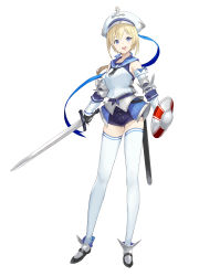 Rule 34 | 1girl, :d, absurdres, armor, blonde hair, blue eyes, breastplate, buckler, commentary request, contrapposto, elbow gloves, faulds, full body, gloves, hat, highres, holding, holding shield, holding sword, holding weapon, km yama, looking at viewer, open mouth, original, sailor collar, sailor hat, sheath, shield, short hair, shorts, smile, solo, standing, sword, teeth, thighhighs, upper teeth only, weapon