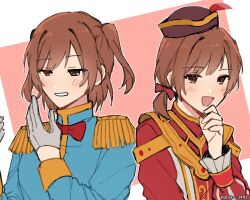 Rule 34 | 1girl, aijou karen, black hat, blue jacket, blush, bow, bowtie, brown eyes, brown hair, commentary, dual persona, english commentary, epaulettes, gloves, haruka 3442, hat, highres, jacket, long sleeves, open mouth, parted lips, pink background, red bow, red bowtie, red jacket, short hair, shoujo kageki revue starlight, smile, two side up, upper body, white background, white gloves