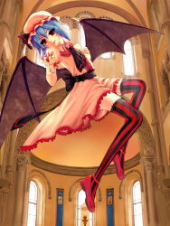 Rule 34 | 1girl, bat wings, blue hair, column, cupping glass, embellished costume, eyelashes, female focus, flying, frills, ghost no ghost, hat, lace, oni (pixiv), pillar, red eyes, red thighhighs, remilia scarlet, short hair, solo, striped clothes, striped thighhighs, thighhighs, touhou, vertical-striped clothes, vertical-striped thighhighs, wings, zettai ryouiki