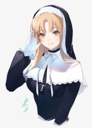 Rule 34 | 1girl, black dress, blonde hair, breasts, capelet, closed mouth, cropped torso, dress, gloves, habit, highres, hoojiro, large breasts, long sleeves, looking at viewer, neck ribbon, nijisanji, nun, ribbon, signature, simple background, sister claire, sister claire (1st costume), smile, solo, traditional nun, upper body, veil, virtual youtuber, white background, white capelet, white gloves, white ribbon, yellow eyes