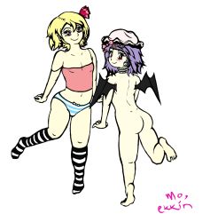 Rule 34 | 2girls, ass, blonde hair, embodiment of scarlet devil, female focus, flat chest, flat color, hat, multiple girls, nude, panties, remilia scarlet, rumia, simple background, socks, striped clothes, striped legwear, striped panties, touhou, underwear, white background