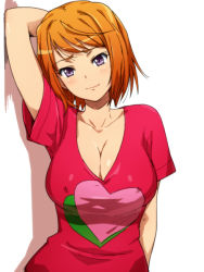 Rule 34 | 00s, 1girl, against wall, arm behind head, arm up, breasts, cleavage, covered erect nipples, hairu, heart, large breasts, light smile, my-hime, no bra, orange hair, purple eyes, red shirt, shadow, shirt, short hair, simple background, solo, tokiha mai, upper body