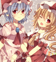 Rule 34 | 2girls, abandon ranka, ascot, bad id, bad pixiv id, blonde hair, blue hair, brooch, female focus, flandre scarlet, jewelry, looking at viewer, multiple girls, one eye closed, open mouth, pointy ears, red eyes, remilia scarlet, shirt, siblings, sisters, skirt, smile, touhou, wings, wink, wrist cuffs