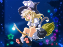 Rule 34 | 1girl, animal ears, blonde hair, braid, broom, cat ears, cat girl, cat tail, female focus, full body, gradient background, hat, kirisame marisa, outdoors, sky, solo, tail, touhou, underwear, witch, witch hat, yellow eyes