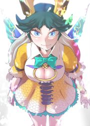 Rule 34 | 1girl, absurdres, animal ears, blue eyes, blush, breasts, cleavage, collarbone, from above, giraffe ears, giraffe girl, giraffe horns, giraffe tail, gm (ggommu), gradient hair, green hair, highres, horns, kemono friends, kirin (kemono friends), large breasts, long hair, looking at viewer, looking up, multicolored hair, pink hair, scale print, shirt, skirt, solo, split-color hair, tail, white hair