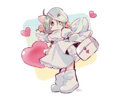 Rule 34 | 1girl, angel wings, arms at sides, bell, blush stickers, cat tail, commentary, cross, dejiko, di gi charat, dress, first aid kit, full body, gloves, green eyes, green hair, hair bell, hair between eyes, hair ornament, heart, heart-shaped pupils, highres, kitchupsandwich, red cross, short hair, signature, simple background, solo, symbol-shaped pupils, tail, white background, white dress, white footwear, white gloves, white headwear, white wings, wings