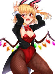 Rule 34 | 1girl, :d, alternate costume, animal ears, black jacket, blonde hair, blush, bow, bowtie, breasts, commentary request, covered navel, crystal, daichi (tokoya), detached collar, fake animal ears, fang, feet out of frame, fishnet pantyhose, fishnets, flandre scarlet, gluteal fold, hair between eyes, hair bow, hand up, highres, jacket, leotard, long sleeves, looking at viewer, no headwear, one side up, open mouth, pantyhose, rabbit ears, rabbit pose, red bow, red bowtie, red eyes, red leotard, short hair, simple background, small breasts, smile, solo, standing, standing on one leg, strapless, strapless leotard, suit jacket, touhou, white background, wings, ||/