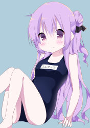 Rule 34 | 1girl, absurdres, arm support, azur lane, bare arms, bare legs, bare shoulders, barefoot, black ribbon, blue background, blue one-piece swimsuit, blush, breasts, closed mouth, commentary request, hair between eyes, hair bun, hair ribbon, hamada pengin, highres, long hair, looking at viewer, medium breasts, name tag, one-piece swimsuit, one side up, purple eyes, purple hair, ribbon, school swimsuit, side bun, simple background, single hair bun, single side bun, solo, swimsuit, unicorn (azur lane), very long hair