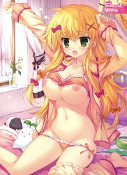 Rule 34 | 1girl, absurdres, alarm clock, arms up, bed, blonde hair, bottomless, bow, bow bra, bra, bra lift, breasts, cleavage, clock, d:, green eyes, hair ornament, hairclip, highres, long sleeves, mitha, nipples, open clothes, open mouth, open shirt, orange bra, orange panties, original, pajamas, panties, panty pull, polka dot, polka dot bra, polka dot panties, shirt, side-tie panties, stretching, stuffed animal, stuffed toy, underwear, waking up, window