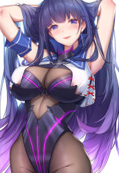 Rule 34 | 1girl, absurdres, arm behind head, armband, armor, armored dress, armpits, blue eyes, blush, breasts, cleavage cutout, clothing cutout, commentary request, cropped vest, earrings, glint, groin, hair down, hands in hair, highres, honkai (series), honkai impact 3rd, jewelry, large breasts, long hair, looking at viewer, partial bodysuit, purple hair, raiden mei, raiden mei (lightning empress), revision, smile, solo, very long hair, vest, wu ganlan cai