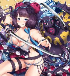 Rule 34 | 1girl, :p, animal, arms up, bangle, bare shoulders, belt, bikini, blue eyes, blush, bracelet, breasts, collarbone, fate/grand order, fate (series), fighting stance, floral print, flower, goggles, goggles on head, grey background, hair flower, hair ornament, hand up, highres, hitotsuki nebura, holding, holding sword, holding weapon, jewelry, katana, katsushika hokusai (fate), katsushika hokusai (swimsuit saber) (fate), long hair, looking at viewer, low twintails, medium breasts, multiple swords, octopus, purple hair, sheath, sitting, skindentation, small breasts, standing, swimsuit, sword, tokitarou (fate), tongue, tongue out, twintails, very long hair, water, weapon, wet, white bikini