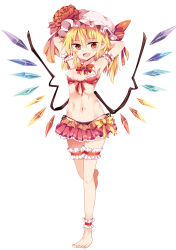 Rule 34 | 1girl, ankle garter, arm garter, armpits, arms behind head, bikini, bikini skirt, black bikini, blonde hair, blush, bow, bowtie, breasts, bridal garter, commentary request, detached collar, fang, flandre scarlet, flower, frilled bikini, frills, front-tie top, full body, hair between eyes, hat, hat flower, hat ribbon, highres, looking at viewer, maturiuta sorato, microskirt, mismatched bikini, mob cap, navel, open mouth, pointy ears, red bikini, red bow, red bowtie, red eyes, red ribbon, ribbon, side-tie bikini bottom, simple background, skirt, small breasts, smile, solo, standing, standing on one leg, stomach, swimsuit, touhou, white background, wings, yellow bow