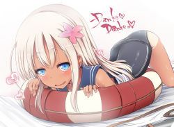 Rule 34 | 10s, 1girl, bad id, bad nicoseiga id, bare shoulders, blonde hair, blue eyes, blush, flower, hair flower, hair ornament, heart, innertube, kantai collection, long hair, looking at viewer, mentei yakuna, one-piece swimsuit, open mouth, ro-500 (kancolle), smile, solo, swim ring, swimsuit, tan, tanline