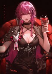 Rule 34 | 1girl, alcohol, black background, black dress, black jacket, black nails, bracelet, breasts, chair, character name, cleavage, closed mouth, cup, dress, drinking glass, fingernails, formal, hair between eyes, highres, honkai: star rail, honkai (series), jacket, jewelry, kafka (honkai: star rail), large breasts, long hair, looking at viewer, nail polish, on chair, petals, purple eyes, purple hair, red petals, red wine, sidelocks, simple background, sitting, smile, solo, to e, upper body, wine, wine glass