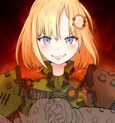Rule 34 | 1girl, armor, artificialdyslexia, blonde hair, blue eyes, doom (series), full armor, green armor, highres, hololive, hololive english, looking at viewer, praetor suit, red background, short hair, smile, solo, teeth, upper body, virtual youtuber, watson amelia