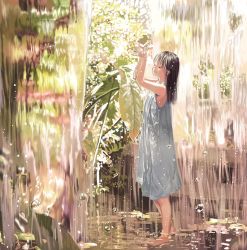 Rule 34 | 1girl, bad id, bad pixiv id, barefoot, dress, closed eyes, mablex, original, plant, sundress, water, waterfall, wet, wet clothes