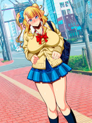 Rule 34 | 1girl, :&gt;, asymmetrical hair, bag, blazer, blonde hair, blue eyes, blue skirt, blunt bangs, blush, bow, bowtie, breasts, cleavage, collared shirt, colored eyelashes, earrings, eyebrows, full-face blush, galko, hair bun, hair ornament, highres, huge breasts, itachou, jacket, jewelry, legs, long hair, long sleeves, looking at viewer, nail polish, one side up, oshiete! galko-chan, outdoors, over shoulder, pink nails, plaid, plaid skirt, red bow, red bowtie, road, school bag, school uniform, shirt, side bun, side ponytail, single hair bun, skirt, smile, socks, solo, standing, street, thighs, unbuttoned, wavy hair