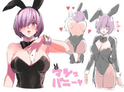 Rule 34 | 1girl, :d, ace (playing card), ace of hearts, alternate costume, animal ears, arm up, armpits, arms at sides, ass, back, backless leotard, bare arms, between breasts, black bow, black bowtie, black footwear, black leotard, blush, bow, bowtie, breasts, card, cleavage, cropped legs, detached collar, eyes visible through hair, fake animal ears, fake tail, fate/grand order, fate (series), fou (fate), from behind, glasses, hair over one eye, headband, heart, high heels, highres, holding, holding card, leotard, long sleeves, mash kyrielight, meeko, multiple views, open mouth, pantyhose, pink eyes, playboy bunny, playing card, purple hair, rabbit ears, rabbit tail, shoulder blades, shrug (clothing), simple background, smile, squatting, strapless, strapless leotard, tail, translated, upper body, white background, wrist cuffs