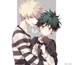 Rule 34 | 2boys, bad id, bad pixiv id, bakugou katsuki, black cape, blonde hair, boku no hero academia, cape, clenched hand, coi mha, commentary, earrings, freckles, green eyes, green hair, hammer, holding, holding hammer, hug, jewelry, judge, long sleeves, looking at viewer, male focus, midoriya izuku, multiple boys, open mouth, prison clothes, red eyes, shirt, short hair, smile, spiked hair, striped clothes, striped shirt, upper body, yaoi