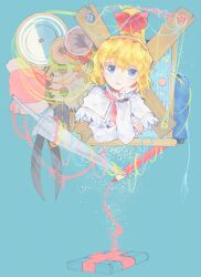 Rule 34 | 1girl, alice margatroid, blonde hair, blue dress, blue eyes, book, capelet, colored pencil, dress, fabric, grimoire, grimoire of alice, hair between eyes, hairband, hand on own face, highres, itomugi-kun, lance, long sleeves, looking at viewer, open mouth, pencil, polearm, red hairband, shanghai doll, short hair, solo, touhou, upper body, weapon, white capelet