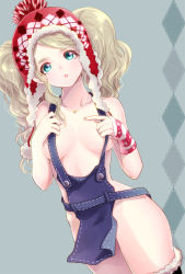 Rule 34 | 1girl, :o, apron, aqua eyes, arm warmers, bad id, bad pixiv id, beanie, black thighhighs, blonde hair, breasts, earflap beanie, hat, head tilt, heart, heart necklace, highres, hip focus, jewelry, naked apron, natsuhachi (pokocot), necklace, open mouth, original, small breasts, solo, thighhighs, thighs, twintails