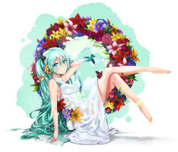Rule 34 | 1girl, aqua eyes, aqua hair, arm behind head, bare arms, bare legs, bare shoulders, barefoot, bird, breasts, bug, butterfly, commentary, dress, english commentary, ep (emio parn), flower, flower ring, from side, hair ornament, hatsune miku, highres, insect, looking at viewer, lying, medium breasts, on back, pink flower, purple flower, red flower, sleeveless, sleeveless dress, smile, solo, twintails, vocaloid, white dress, yellow flower