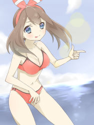 Rule 34 | 10s, 1girl, bikini, blue eyes, breasts, brown hair, cleavage, creatures (company), female focus, game freak, highres, may (pokemon), may (pokemon oras), navel, nintendo, pokemon, pokemon oras, solo, swimsuit, tagme, tongue, tongue out, water