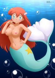 Rule 34 | 1girl, absurdres, blush, breasts, bubble, creatures (company), fins, fish tail, game freak, green eyes, hair ornament, hand on own hip, highres, long hair, medium breasts, mermaid, mermaid misty (pokemon), misty (pokemon), monster girl, navel, nintendo, nipples, no bra, orange hair, pokemon, pokemon (anime), pokemon (classic anime), solo, star tattoo, tail, tattoo, underwater, zel-sama