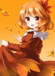 Rule 34 | 1girl, aki shizuha, autumn leaves, dress, falling leaves, from side, gradient background, gradient dress, hair ornament, highres, holding, holding clothes, holding dress, leaf, leaf hair ornament, long sleeves, looking at viewer, maple leaf, medium hair, open mouth, orange background, orange dress, orange eyes, orange hair, ruu (tksymkw), smile, solo, standing, touhou