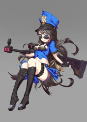 Rule 34 | 1girl, ammunition, anti-materiel rifle, bad id, bad pixiv id, black footwear, black hair, blue eyes, boots, breasts, caitlyn (league of legends), cleavage, full body, gun, hat, highres, knee boots, league of legends, long hair, midriff, navel, officer caitlyn, police, police hat, police uniform, policewoman, rabbit (tukenitian), rifle, simple background, sniper rifle, solo, tsurime, uniform, weapon
